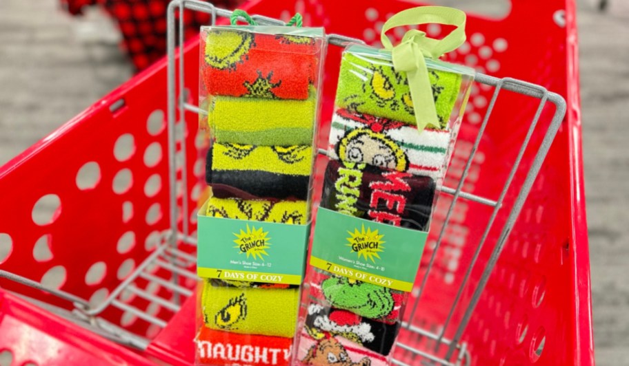 grinch cozy socks in a red target cart