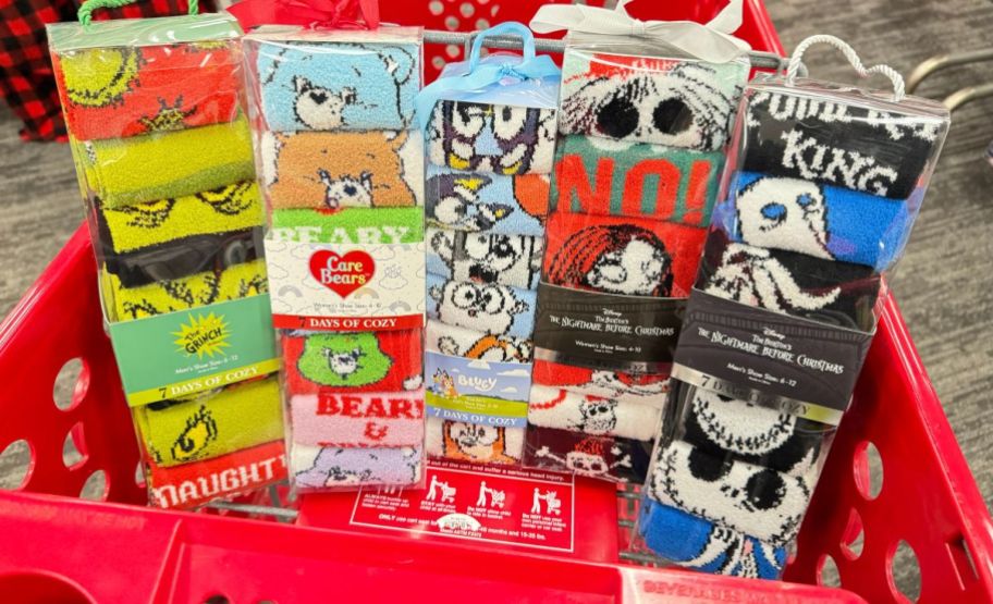 grinch, carebears, bluey, and nightmare before chirstmas 7 days of cozy holiday character socks in a target cart