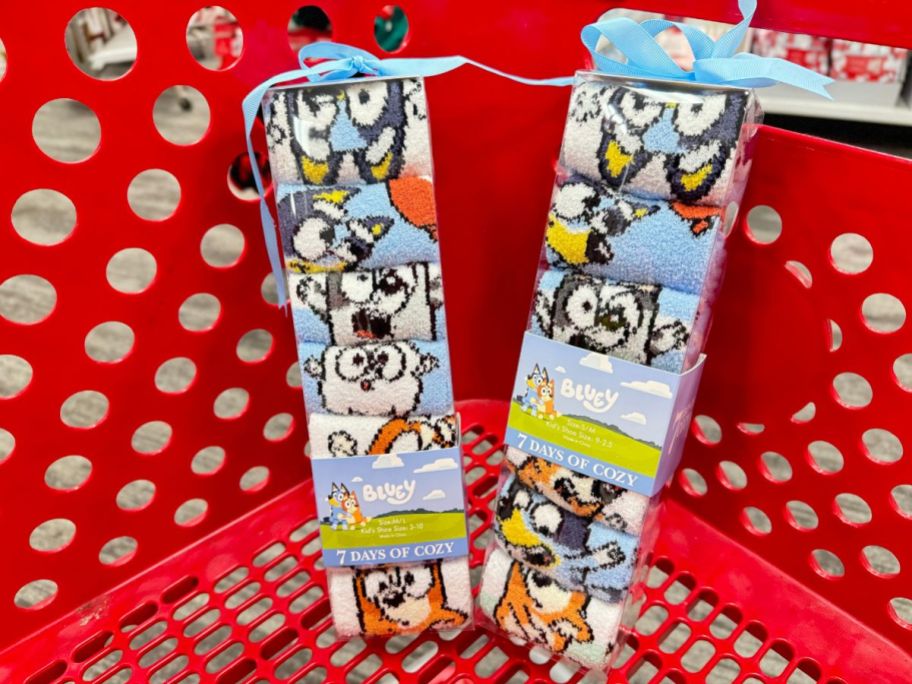 Bluey 7 days of cozy holiday character socks in a target cart