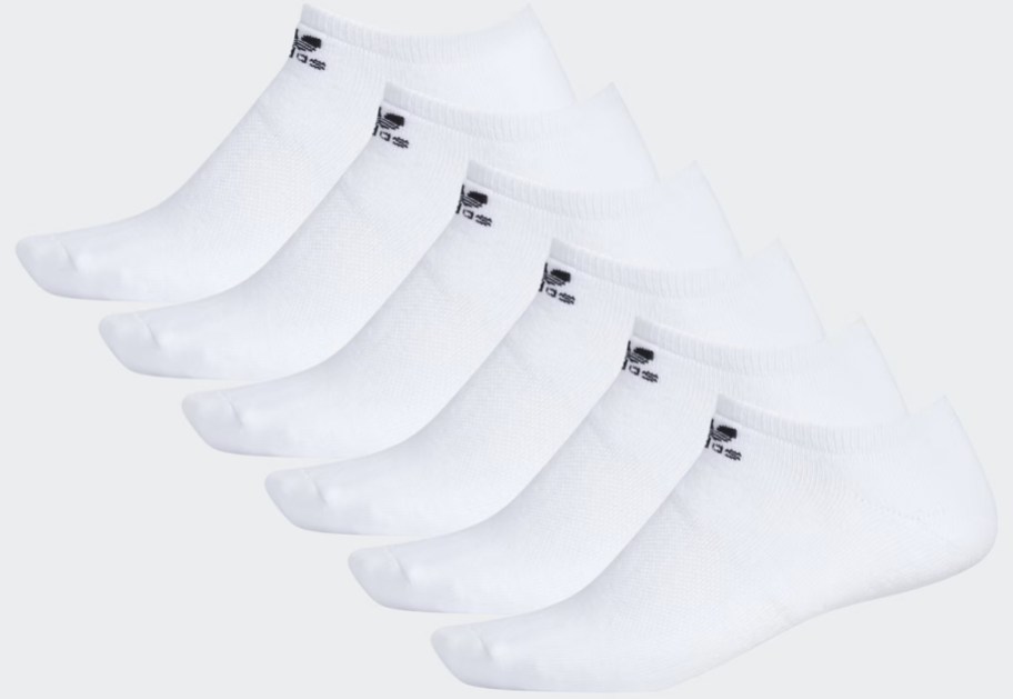 6 white socks with black adidas logo