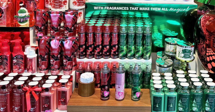 display table full of christmas body care items