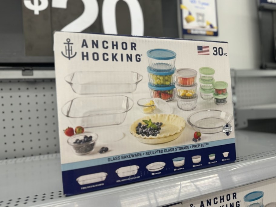 anchor hocking 30 piece glass bakeware set on a walmart shelf near a black friday side