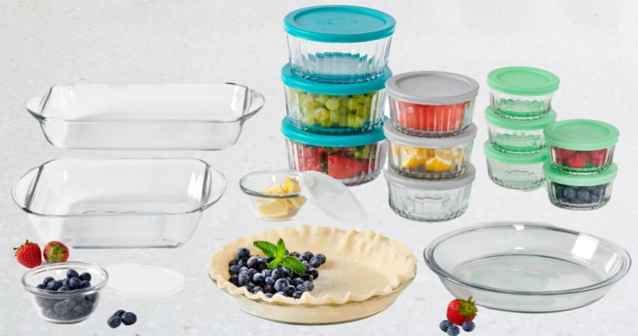 glass food storage containers and baking dishes on counter