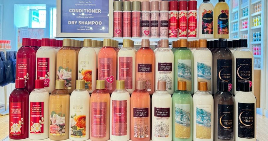 A display of Bath & Body works hair Care at the store