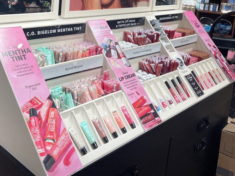 in store display of Bath & Body Works Lip Products