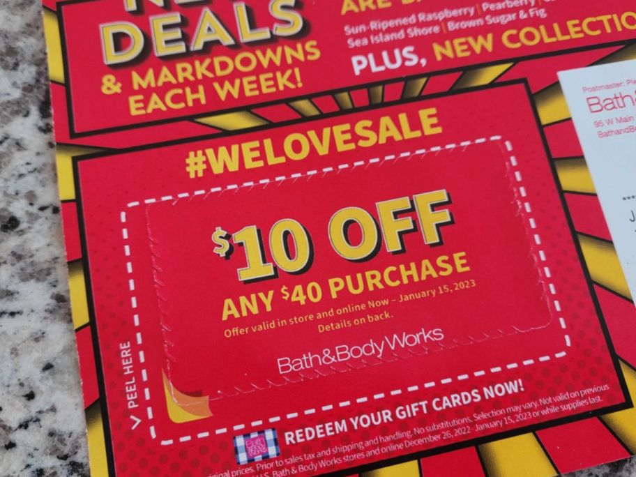 Bath & Body Works Semi-Annual sale mailer coupons 2022 $10 off a $40 purchase