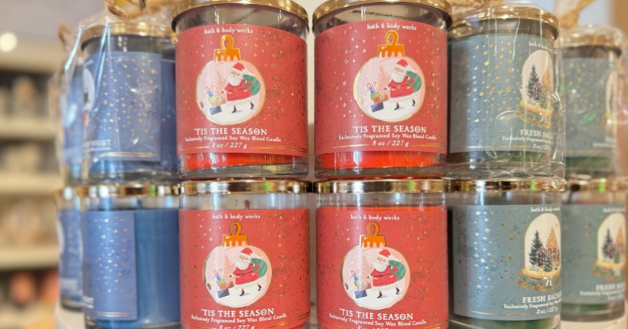 bath and body works christmas candles on display in store