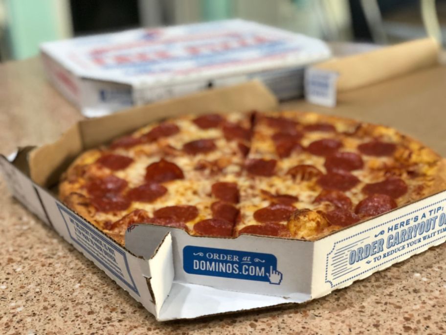 dominos pepperoni pizza in box