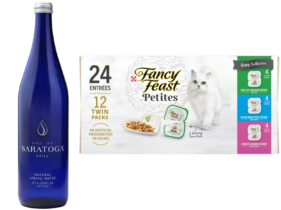 saratoga water bottle and fancy feast cat food box 