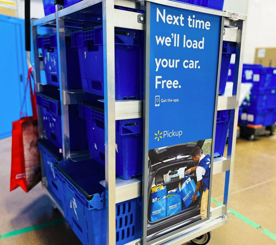 Walmart Grocery Pickup Orders stacked in baskets