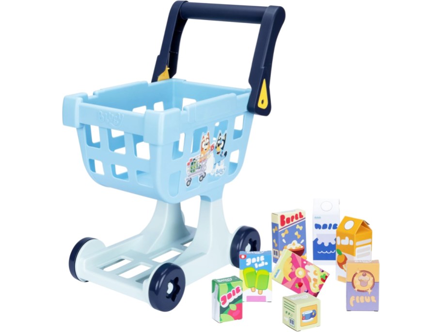 bluey shopping cart with food accessories