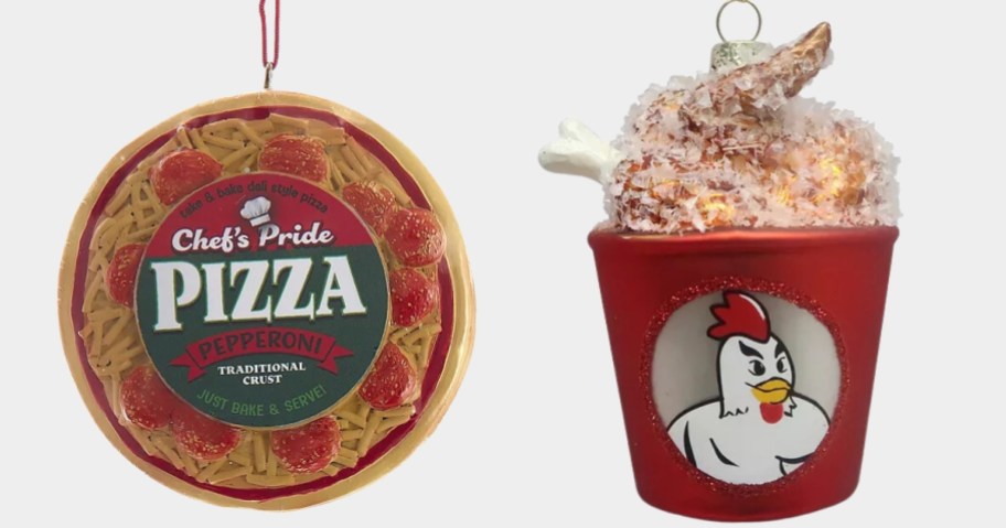 Christmas ornaments that look like a frozen Pepperoni Pizza and a Bucket of Fried Chicken