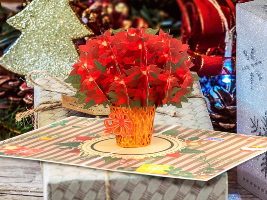 red poinsettia pop-up card on top of a gift box