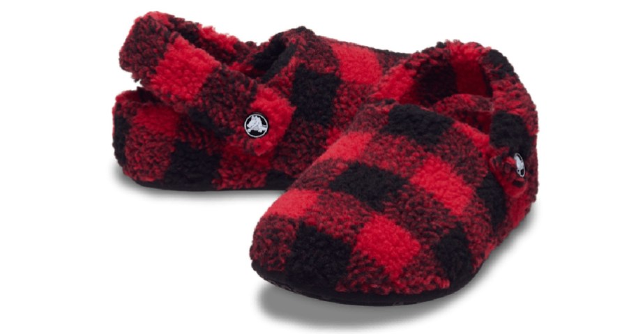 red and black crocs buffalo check slippers