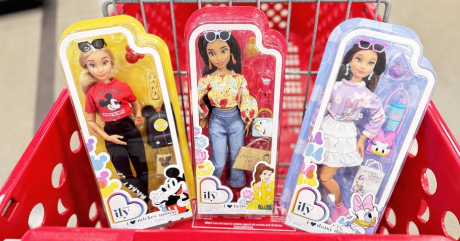 three Disney ILY 4EVER Dolls in red target shopping cart