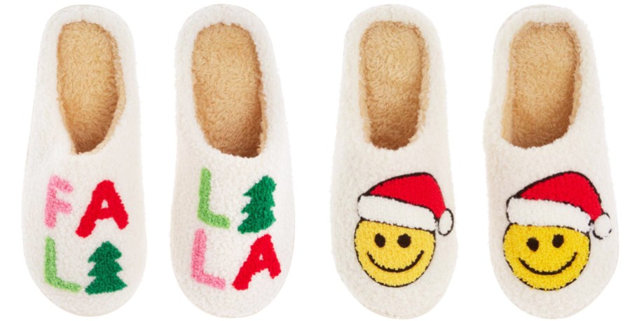 two pairs of christmas slippers