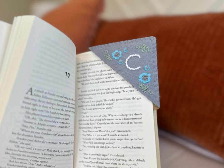 Embroidered Corner Bookmark on book corner