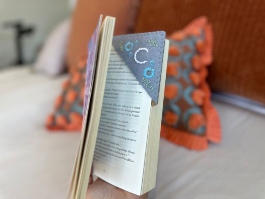 Embroidered Corner Bookmark on book corner