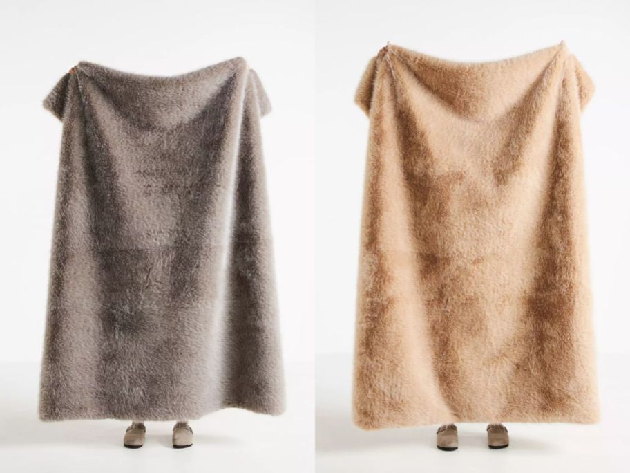 two people holding up Anthropologie Chloe Tipped Faux-Fur Throw Blankets