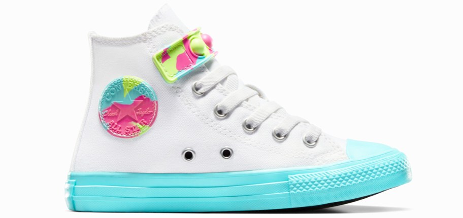 white high top sneaker with multi-color accents and bright blue soles