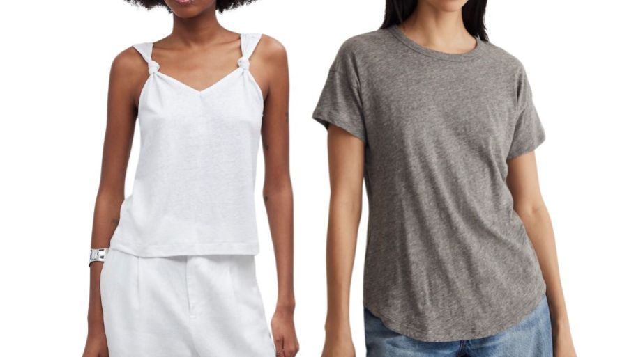 two womens in madewell tops stock image