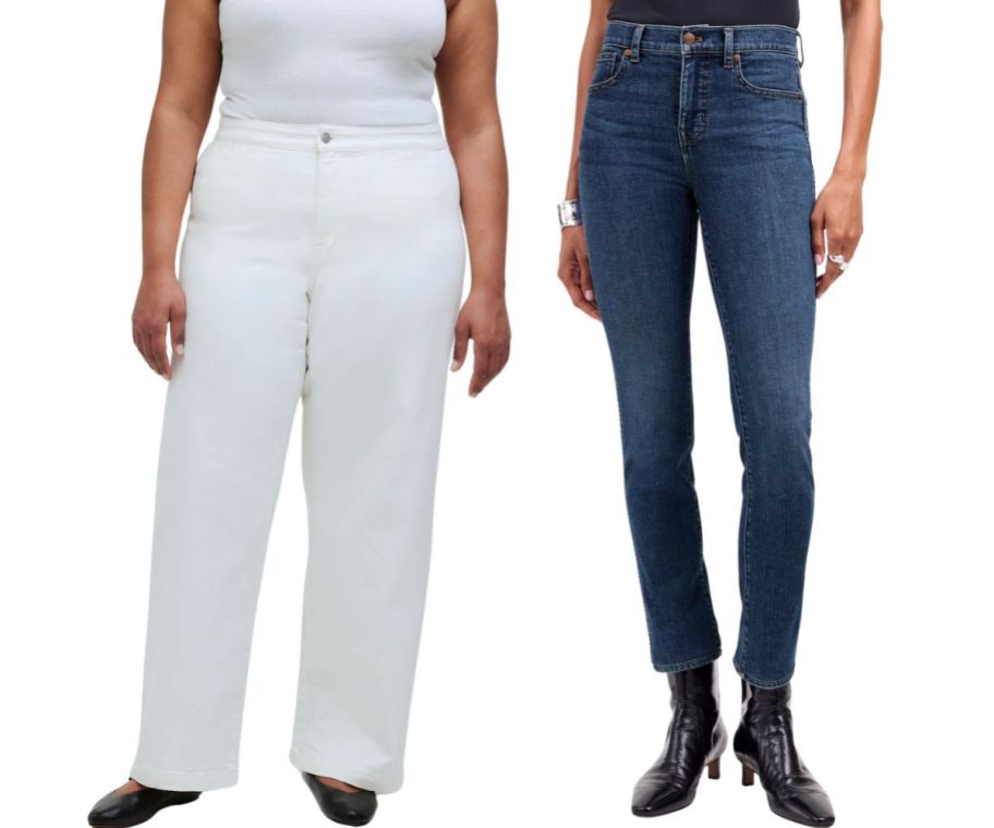 two women in madewell jeans stock images