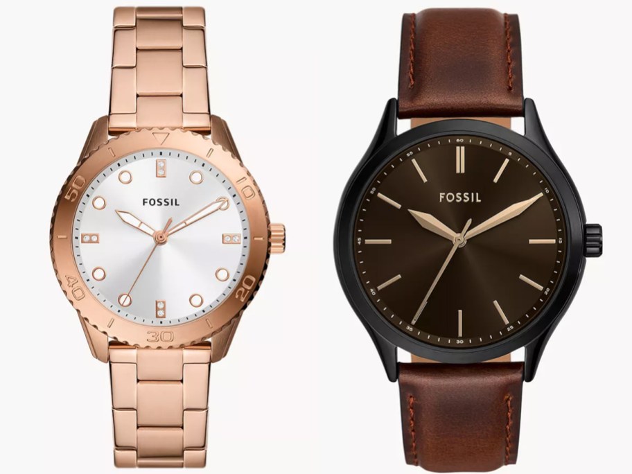 rose gold and brown fossil watches