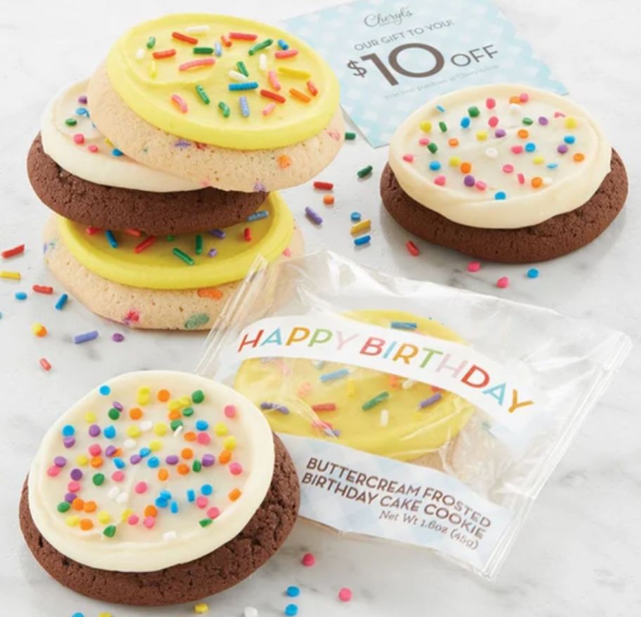 cheryl's cookies birthday 6 count sampler on a plate with a $10 off discount card