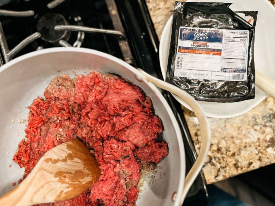 A pan filled with Good Chop Ground Beef