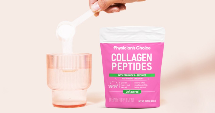 hand pouring a scoop of Physician’s Choice Unflavored Collagen Peptides into glass