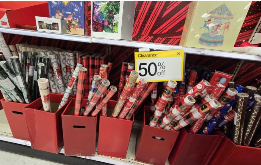 holiday wrapping paper on a store shelf