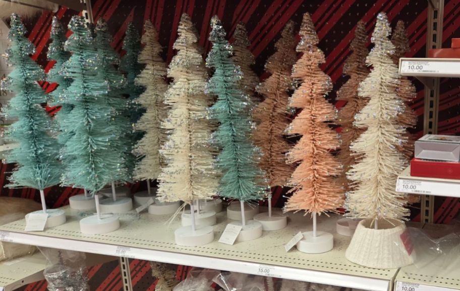 holiday bottle brush trees on an store shelf