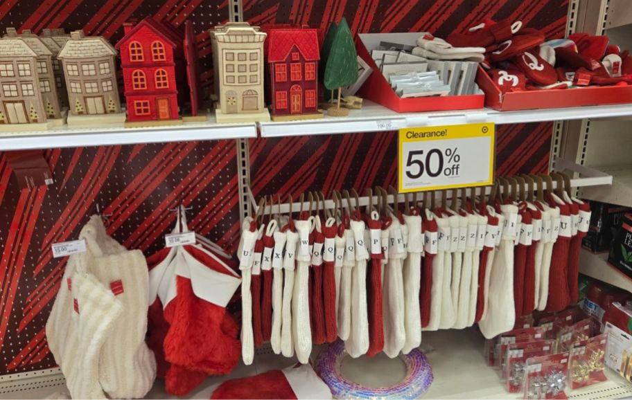 holiday decor and stockings on a store shelf