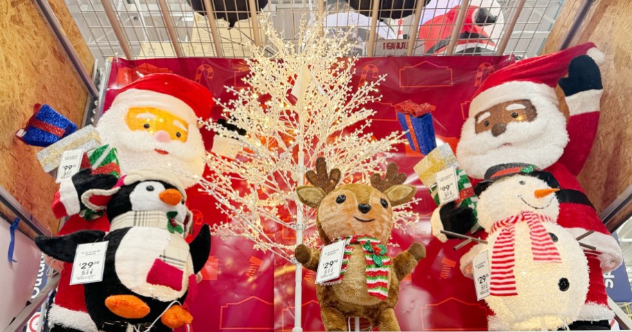 christmas decorcations on display in lowes store