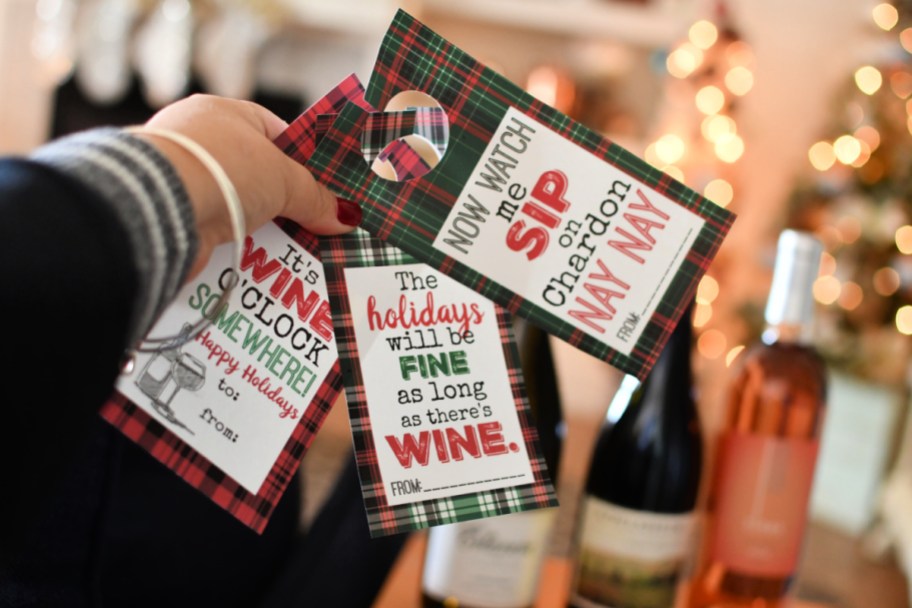 free printable plaid wine bottle tags for christmas gifts