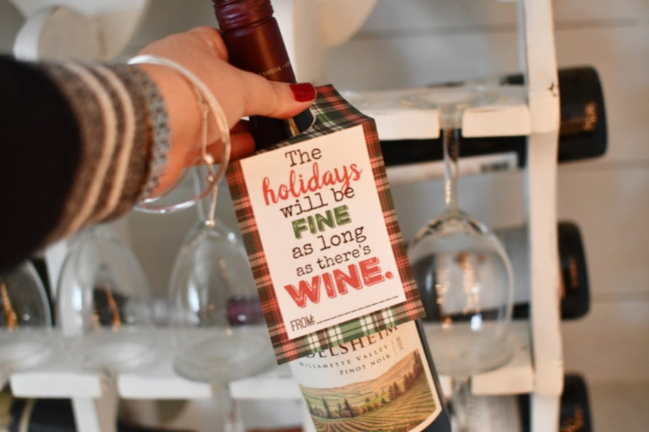 wine with a christmas wine sayings gift tag