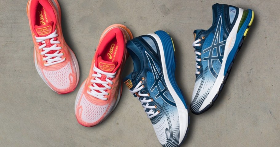 a pair of pink, white, and orange women's Asics running shoes and a pair of blue and white men's Asics running shoes laying and sitting on a concrete floor