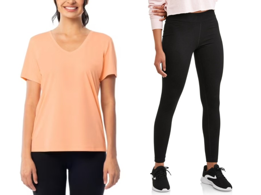 woman wearing a peach vneck tshirt and woman's legs wearing black leggings and sneakers