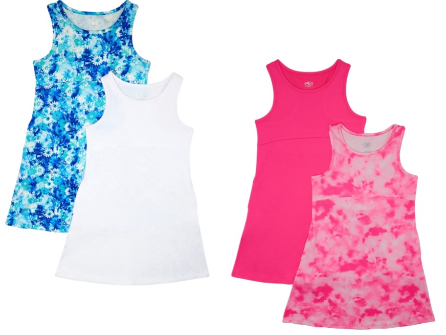 2 packs of girls sleeveless dresses in blue tie dye and white and hot pink and pink tie dye