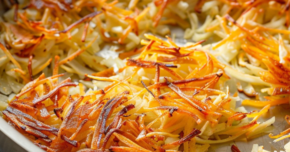 Crispy griddle hashbrowns made fresh in a skillet