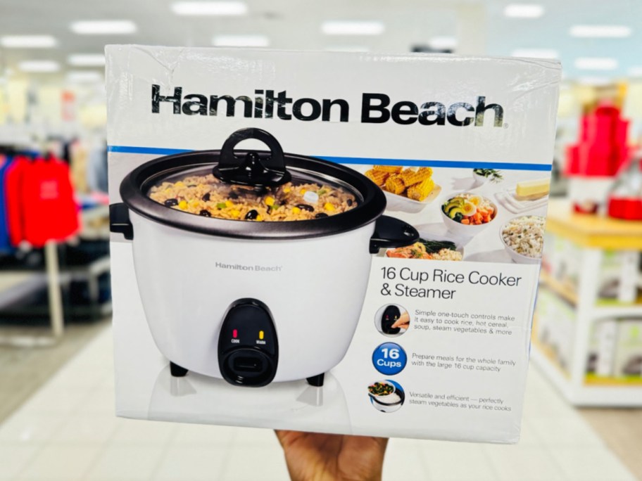 hand holding Hamilton Beach 16-Cup Rice Cooker