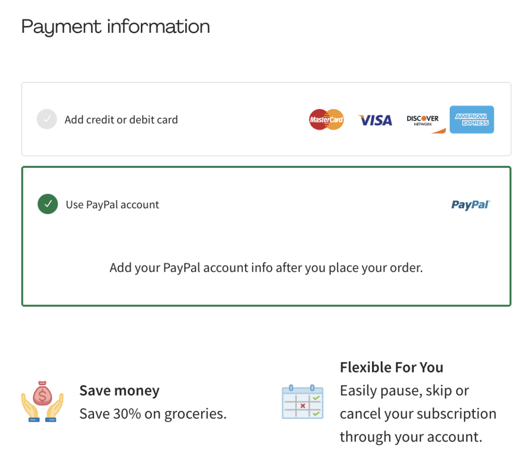 choose payment for Hello Fresh - you can use Paypal or a credit card for Hello Fresh payment