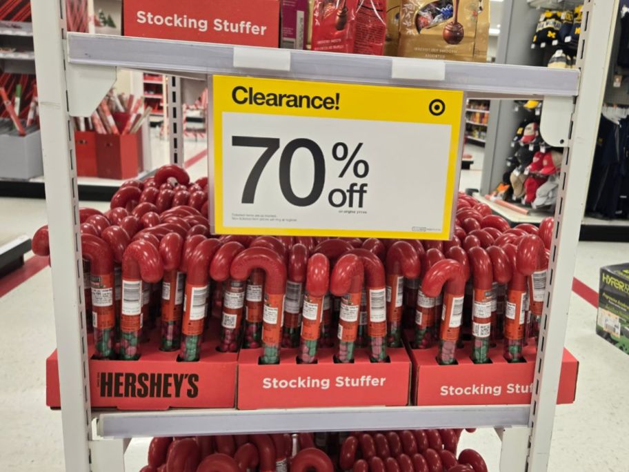 hershey kisses holiday stocking stuffers on a kiosk in a store