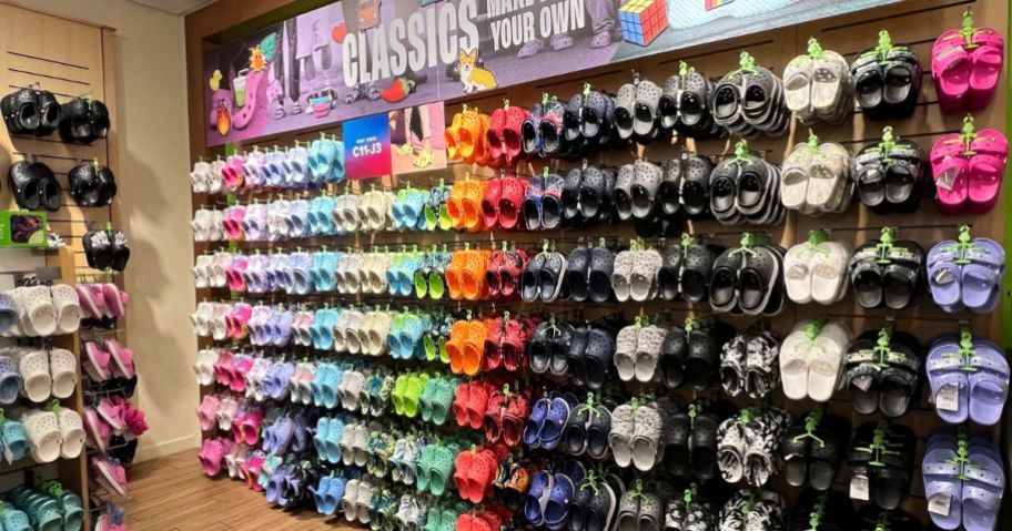 A wall of Crocs Shoes