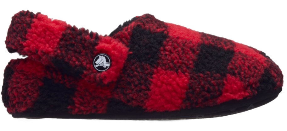 red and black buffalo plaid slipper crocs