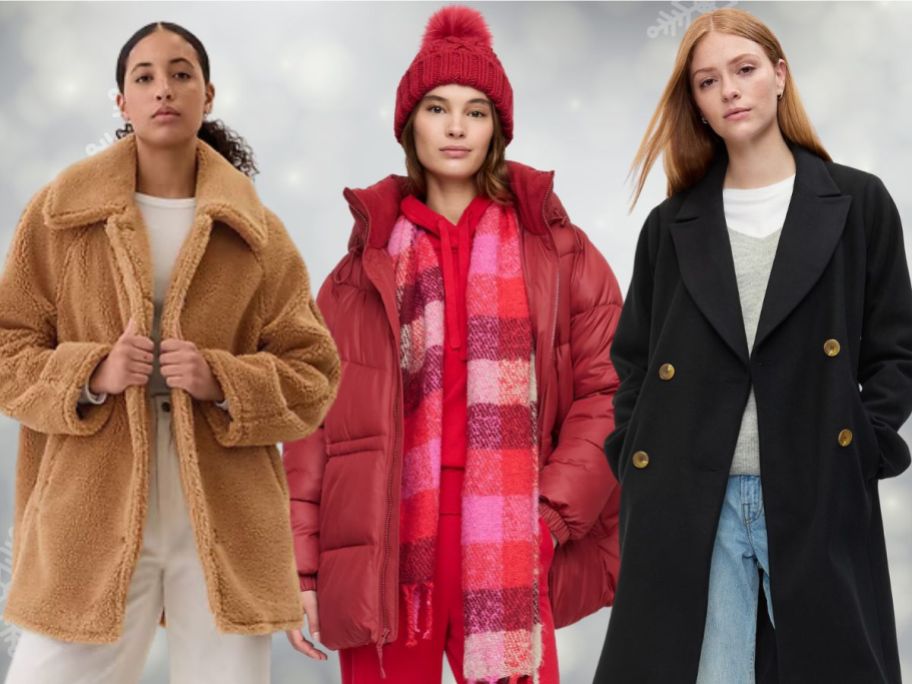 3 women wearing GAP Factory Women Coats