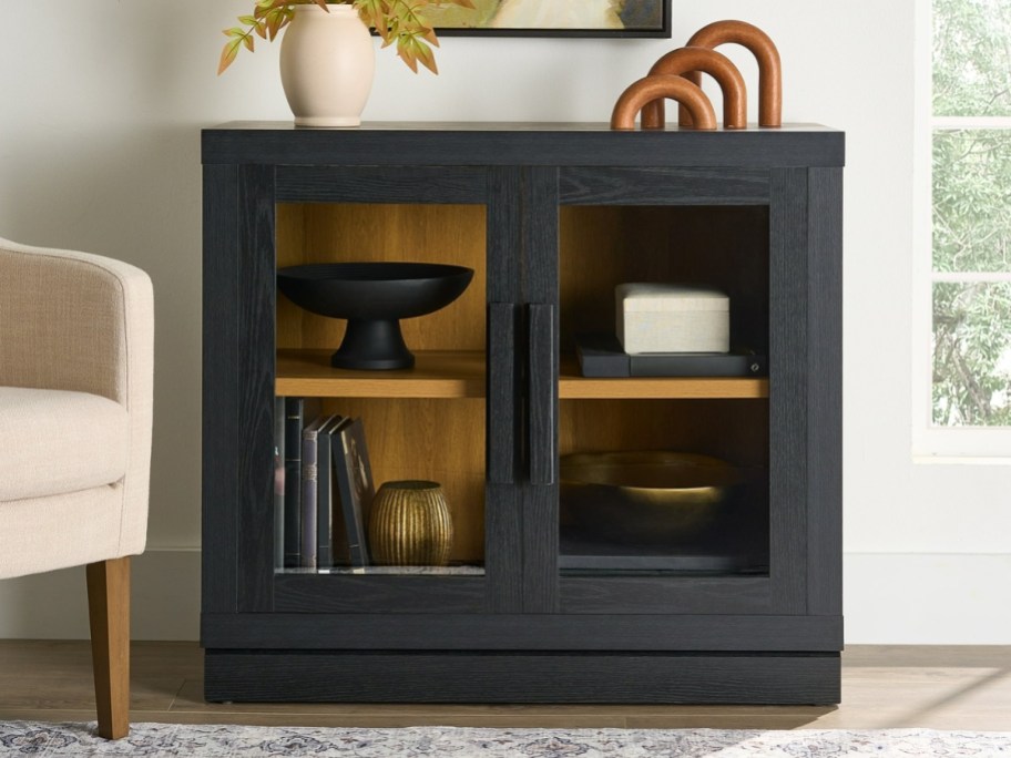 a black rectangle accent cabinet with glass doors in a living room 