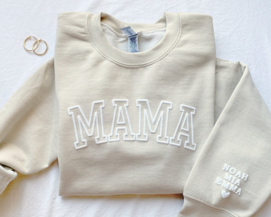 tan mama sweatshirt with kids names