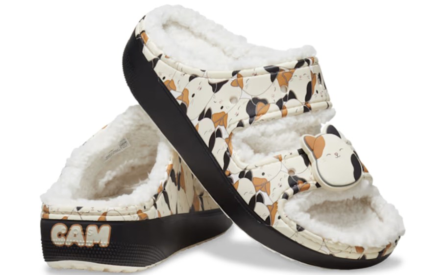 pair of fleece lined cat print sandals