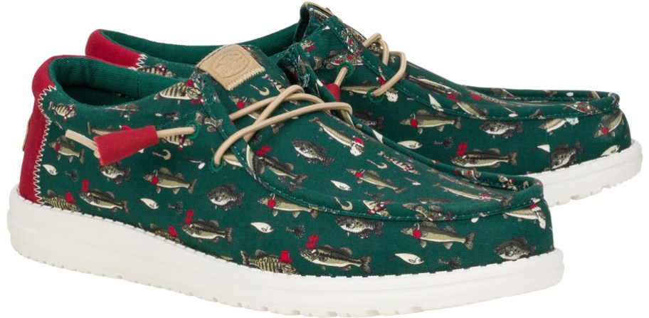 pair of green christmas fish print sneakers